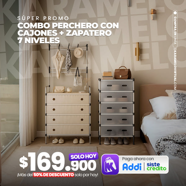 Combo Zapatero Perchero con Cajones + Zapatero 7 Niveles con Cubre Polvo